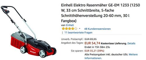 Einhell Elektro Rasenmäher GE-EM 1233 mit 33 cm Schnittbreite  - jetzt 36% billiger