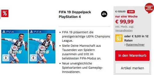 FIFA 19 Doppelpack PlayStation 4 - jetzt 24% billiger FIFA 19 Doppelpack PlayStation 4 - jetzt 24% billiger