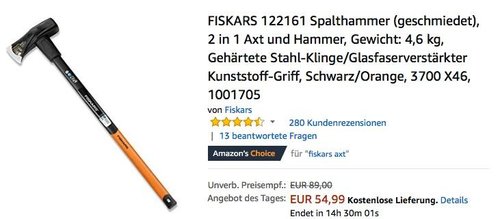 FISKARS X46 4,6 kg Spalthammer, 2 in 1 Axt und Hammer - jetzt 17% billiger FISKARS X46 4,6 kg Spalthammer, 2 in 1 Axt und Hammer - jetzt 17% billiger