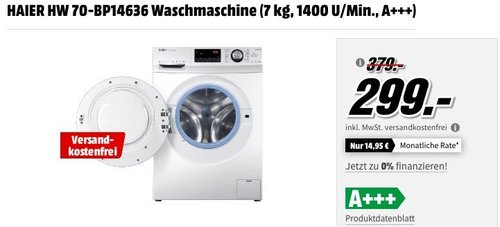 HAIER HW 70-BP14636 Waschmaschine (7 kg, 1400 U/Min., A+++) - jetzt 21% billiger