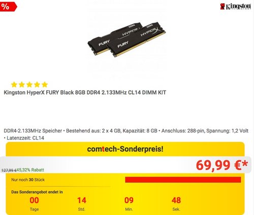 Kingston HyperX FURY Black 8GB DDR4 2.133MHz CL14 DIMM KIT - jetzt 21% billiger Kingston HyperX FURY Black 8GB DDR4 2.133MHz CL14 DIMM KIT - jetzt 21% billiger