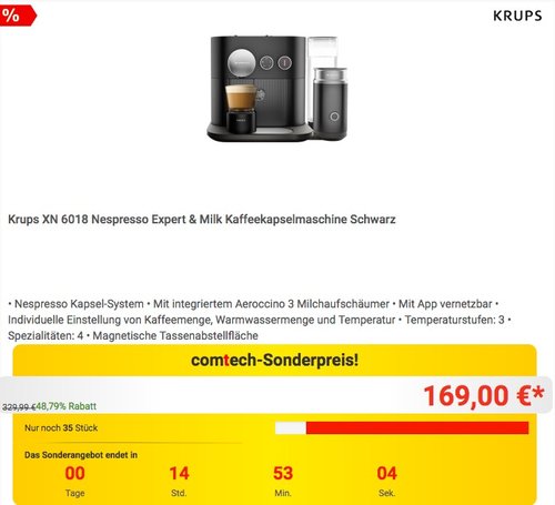 Krups XN 6018 Nespresso Expert & Milk Kaffeekapselmaschine - jetzt 19% billiger Krups XN 6018 Nespresso Expert & Milk Kaffeekapselmaschine - jetzt 19% billiger