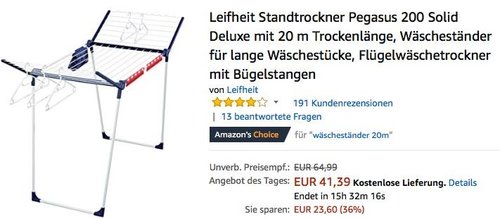 Leifheit 81531 Standtrockner Pegasus 200 Solid Deluxe mit 20 m Trockenlänge - jetzt 16% billiger