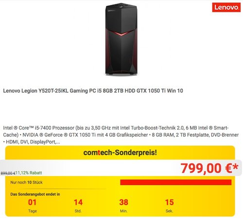 Lenovo Legion Y520T-25IKL Gaming PC i5 8GB 2TB HDD GTX 1050 Ti Win 10 - jetzt 11% billiger Lenovo Legion Y520T-25IKL Gaming PC i5 8GB 2TB HDD GTX 1050 Ti Win 10 - jetzt 11% billiger
