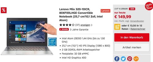 Lenovo Miix 320-10ICR Convertible Tablet-PC 10.1 Zoll, Intel Atom, 32 GB eMMC, 2 GB RAM, Win 10 - jetzt 24% billiger