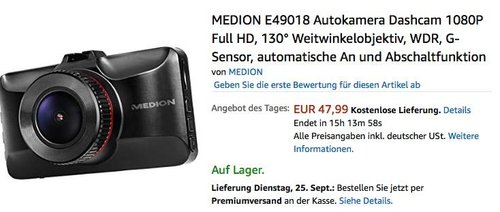 MEDION E49018 Autokamera Dashcam 1080P Full HD - jetzt 13% billiger