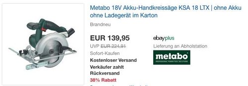 Metabo 18V Akku-Handkreissäge KSA 18 LTX, ohne Akku und ohne Ladegerät, im - jetzt 12% billiger