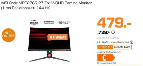 MSI Optix MPG27CQ 27 Zoll WQHD Gaming Monitor (1 ms Reaktionszeit, 144 Hz) - jetzt 24% billiger
