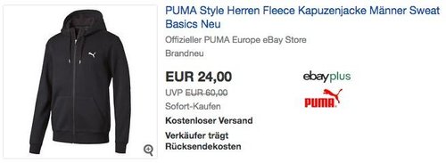 Puma Style Herren Fleece Kapuzenjacke in Schwarz, Blau oder Grau - jetzt 31% billiger