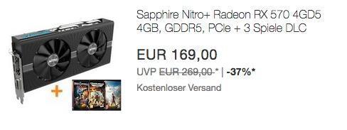 Sapphire Nitro+ Radeon RX 570 4GD5 Gaming Grafikkarte (AMD, 4GB, GDDR5, PCIe) inkl. 3 Spiele - jetzt 31% billiger Sapphire Nitro+ Radeon RX 570 4GD5 Gaming Grafikkarte (AMD, 4GB, GDDR5, PCIe) inkl. 3 Spiele - jetzt 31% billiger