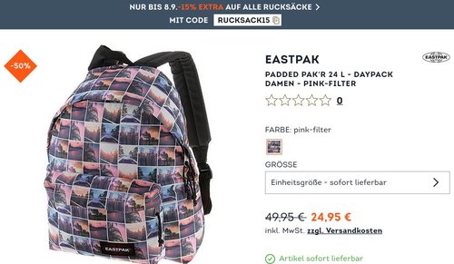 SportScheck.com 15 % extra Rabatt auf alle Rucksäcke: z.B. Eastpak Padded Pak'R Rucksack pink-filter - jetzt 37% billiger