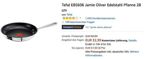 Tefal E85606 Jamie Oliver Edelstahl Pfanne 28 cm mit THERMO-SPOT - jetzt 27% billiger Tefal E85606 Jamie Oliver Edelstahl Pfanne 28 cm mit THERMO-SPOT - jetzt 27% billiger