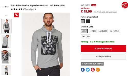 Tom Tailor Denim Kapuzensweatshirt mit Frontprint in Schwarz oder Grau - jetzt 26% billiger