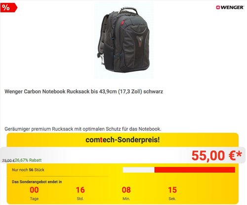 Wenger Carbon Notebook Rucksack bis 43,9cm (17,3 Zoll) in Schwarz - jetzt 13% billiger