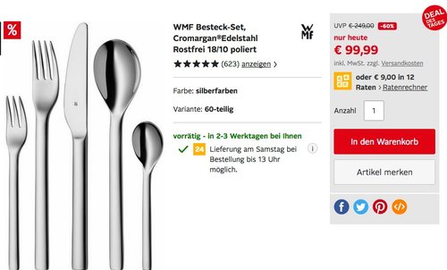 WMF Besteck-Set 60 teilig, Cromargan®Edelstahl Rostfrei 18/10 poliert - jetzt 14% billiger WMF Besteck-Set 60 teilig, Cromargan®Edelstahl Rostfrei 18/10 poliert - jetzt 14% billiger
