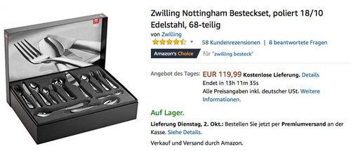 Zwilling Nottingham Besteckset, poliert 18/10 Edelstahl, 68-teilig - jetzt 23% billiger Zwilling Nottingham Besteckset, poliert 18/10 Edelstahl, 68-teilig - jetzt 23% billiger