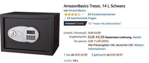 AmazonBasics Tresor 14 Liter in Schwarz - jetzt 20% billiger