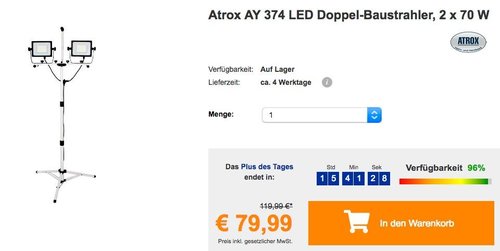 Atrox AY 374 LED Doppel-Baustrahler, 2 x 70 W - jetzt 27% billiger Atrox AY 374 LED Doppel-Baustrahler, 2 x 70 W - jetzt 27% billiger