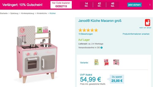 Babymarkt.de - 10% Rabatt auf fast alles: z.B. Janod® Küche Macaron inkl. 5 Teilen Zubehör - jetzt 37% billiger