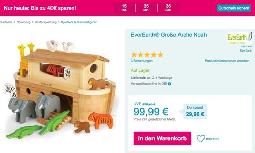 Babymarkt.de - bis zu 40€ Rabatt auf fast alles: z.B. EverEarth® Große Arche Noah - jetzt 25% billiger Babymarkt.de - bis zu 40€ Rabatt auf fast alles: z.B. EverEarth® Große Arche Noah - jetzt 25% billiger