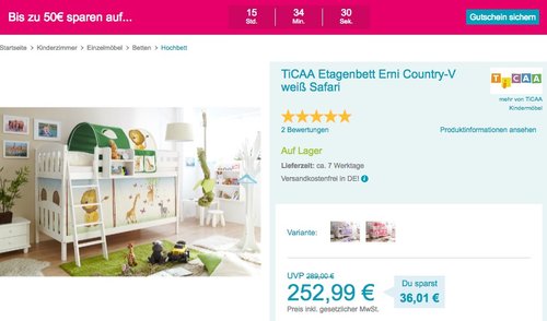 Babymarkt.de - bis zu 50 Rabatt auf Kinderzimmer: z.B. TiCAA Etagenbett Erni Country-V weiß Safari - jetzt 20% billiger