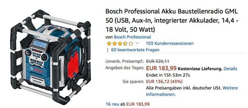 Bosch Professional 50 Watt Akku Baustellenradio GML 50 - jetzt 23% billiger Bosch Professional 50 Watt Akku Baustellenradio GML 50 - jetzt 23% billiger