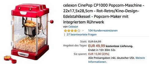 celexon CinePop CP1000 Popcorn-Maschine in Rot-Retro/Kino-Design - jetzt 20% billiger celexon CinePop CP1000 Popcorn-Maschine in Rot-Retro/Kino-Design - jetzt 20% billiger