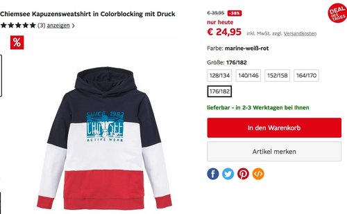 Chiemsee Jungen-Kapuzensweatshirt in Colorblocking mit Druck - jetzt 33% billiger Chiemsee Jungen-Kapuzensweatshirt in Colorblocking mit Druck - jetzt 33% billiger