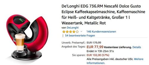 De'Longhi EDG 736 Nescafé Dolce Gusto Eclipse Kaffeekapselmaschine in verscheidenden Farben - jetzt 21% billiger De'Longhi EDG 736 Nescafé Dolce Gusto Eclipse Kaffeekapselmaschine in verscheidenden Farben - jetzt 21% billiger