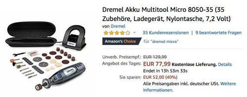 Dremel Akku Multitool Micro 8050-35 ( 35 Zubehöre, Ladegerät, Nylontasche) - jetzt 26% billiger Dremel Akku Multitool Micro 8050-35 ( 35 Zubehöre, Ladegerät, Nylontasche) - jetzt 26% billiger