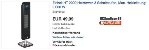 Einhell HT 2000 Heiztower mit 3 Schaltstufen und IR-Fernbedienung - jetzt 29% billiger