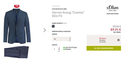 Engelhorn - 10% Extra-Rabatt auf Businessmode: z.B. s.Oliver Black Label Herren Anzug "Cosimo" Slim Fit - jetzt 10% billiger Engelhorn - 10% Extra-Rabatt auf Businessmode: z.B. s.Oliver Black Label Herren Anzug "Cosimo" Slim Fit - jetzt 10% billiger