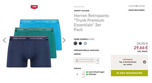 Engelhorn - 15% Extra-Rabatt auf ausgewählte Tag- & Nachtwäsche: z.B. Herren Retropants "Trunk Premium Essentials" 3er Pack - jetzt 13% billiger