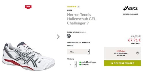 Engelhorn - 15% Extra-Rabatt Fit den Herbst - Aktion: z.B. Herren Tennis Hallenschuh GEL-Challenger 9 - jetzt 15% billiger