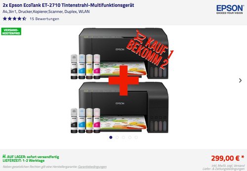 2x Epson EcoTank ET-2710 Tintenstrahl-Multifunktionsgerät - jetzt 40% billiger 2x Epson EcoTank ET-2710 Tintenstrahl-Multifunktionsgerät - jetzt 40% billiger