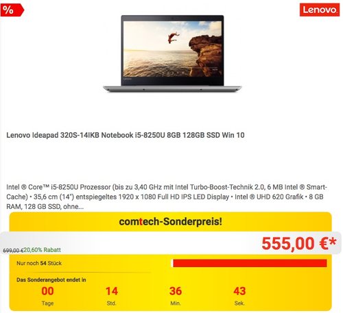 Lenovo Ideapad 320S-14IKB 14 Zoll Notebook i5-8250U 8GB 128GB SSD Win 10 - jetzt 10% billiger Lenovo Ideapad 320S-14IKB 14 Zoll Notebook i5-8250U 8GB 128GB SSD Win 10 - jetzt 10% billiger