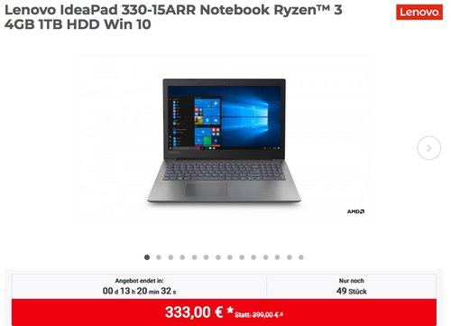 Lenovo IdeaPad 330-15ARR Notebook, Ryzen 3 2200U, 4GB, 1TB HDD, Win 10 - jetzt 17% billiger Lenovo IdeaPad 330-15ARR Notebook, Ryzen 3 2200U, 4GB, 1TB HDD, Win 10 - jetzt 17% billiger