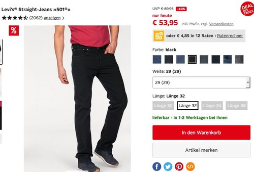 Levi's® Herren Jeans 501 Straight-fit/gerade Form in verschiedenen Farben - jetzt 8% billiger Levi's® Herren Jeans 501 Straight-fit/gerade Form in verschiedenen Farben - jetzt 8% billiger