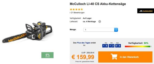 McCulloch LI-40 CS Akku-Kettensäge mit 35 cm Schwertlänge - jetzt 21% billiger McCulloch LI-40 CS Akku-Kettensäge mit 35 cm Schwertlänge - jetzt 21% billiger