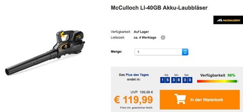 McCulloch LI-40GB Akku-Laubbläser in Schwarz/Orange - jetzt 33% billiger McCulloch LI-40GB Akku-Laubbläser in Schwarz/Orange - jetzt 33% billiger