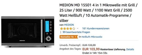MEDION MD 15501 4in1 25 Liter Mikrowelle mit Grill - jetzt 19% billiger MEDION MD 15501 4in1 25 Liter Mikrowelle mit Grill - jetzt 19% billiger