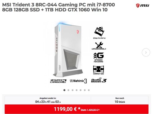 MSI Trident 3 8RC-044 Gaming PC mit i7-8700 8GB 128GB SSD + 1TB HDD GTX 1060 Win 10 - jetzt 13% billiger MSI Trident 3 8RC-044 Gaming PC mit i7-8700 8GB 128GB SSD + 1TB HDD GTX 1060 Win 10 - jetzt 13% billiger