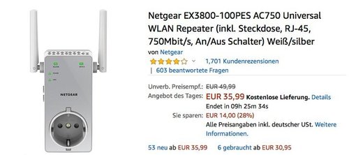 Netgear EX3800-100PES AC750 Universal WLAN Repeater bis zu 750 Mbit/s - jetzt 18% billiger