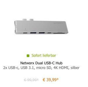 Networx Dual USB-C Hub für MacBook Pro 13 und 15 (2x USB-C, USB 3.1, micro SD, 4K HDMI) Networx Dual USB-C Hub für MacBook Pro 13 und 15 (2x USB-C, USB 3.1, micro SD, 4K HDMI)