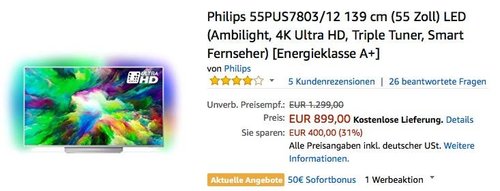 Philips 55PUS7803/12 139 cm (55 Zoll) 4K Ultra HD Fernseher mit 3-seitigem Ambilight - jetzt 6% billiger Philips 55PUS7803/12 139 cm (55 Zoll) 4K Ultra HD Fernseher mit 3-seitigem Ambilight - jetzt 6% billiger