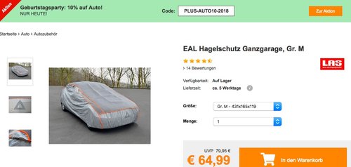Plus.de - 10% Rabatt auf Autozubehör: z.B. EAL Hagelschutz Ganzgarage in Gr. M Plus.de - 10% Rabatt auf Autozubehör: z.B. EAL Hagelschutz Ganzgarage in Gr. M