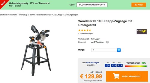 Plus.de - 10% Rabatt auf Baumarkt: z.B. Woodster SL10LU Kapp-Zugsäge mit Untergestell - jetzt 22% billiger Plus.de - 10% Rabatt auf Baumarkt: z.B. Woodster SL10LU Kapp-Zugsäge mit Untergestell - jetzt 22% billiger