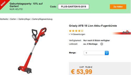 Plus.de - 10% Rabatt auf Garten: z.B. Grizzly AFB 18 Lion Akku-Fugenbürste - jetzt 10% billiger Plus.de - 10% Rabatt auf Garten: z.B. Grizzly AFB 18 Lion Akku-Fugenbürste - jetzt 10% billiger