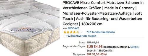 PROCAVE MICRO-COMFORT Matratzen-Schoner 180x200 cm - jetzt 31% billiger