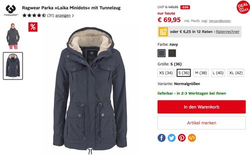 Ragwear Damen Parka "Laika Minidots" mit Tunnelzug - jetzt 37% billiger Ragwear Damen Parka "Laika Minidots" mit Tunnelzug - jetzt 37% billiger